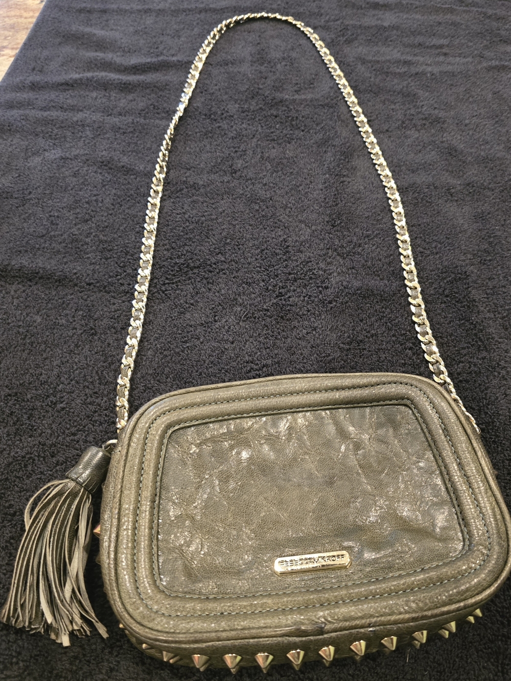 Rebecca Minkoff Olive Green Leather Crossbody Bag with Tassel